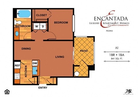 Floor plan for 1 bed, 1 bath, 745 sqft